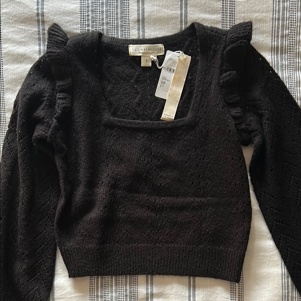 saltwater LUXE Black Square Neck Sweater with Ruffle Detail Size Small